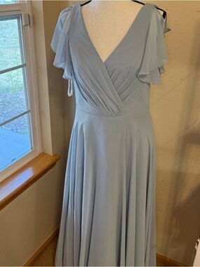 Elegant Light Blue V-Neck Flutter Sleeve Maxi Dress new